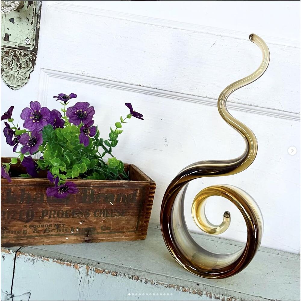 Vintage Murano Style Amber Brown Swirl Glass Ribbon Sculpture